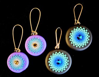 Hand Painted Wooden Mandala Earrings With Center Jewels Purple And Black