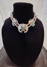 Vintage Sterling Silver Turquoise And Coral Chip Squash Blossom Necklace 56 Grams