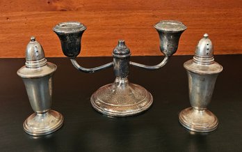 Vintage Sterling Silver Duo Candle Holder With Salt And Pepper Shakers (both Weighted)