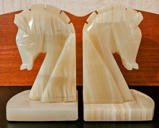 Vintage Marble Onyx Chess Horse Head Bookends