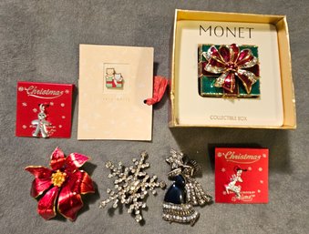 A Collection Of Holiday Jewelry Incl. Sterling Silver Gingerbread Pendant, Monet Trinket Gift Box And More