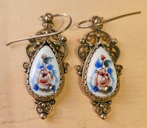 Vintage Silver Tone Floral Ceramic Design Dangle Earrings