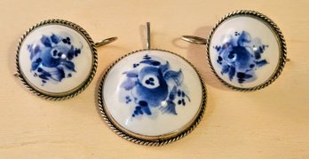 Vintage Handmade Floral Porcelain Round Earrings And Pendant