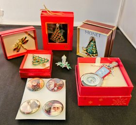 A Collection Of Holiday Pins, Trinket Box And Watch Incl. Monet