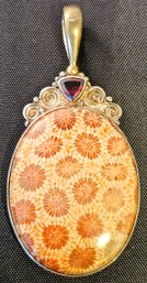 Very Pretty Fossil And Coral Sterling Silver Pendant 23g