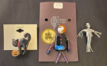 Fun Glass Man Pin With Silver Scarecrow And Black Cat