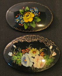 Vintage Russian Black Lacquer Brooch Pins Wood With One Signed