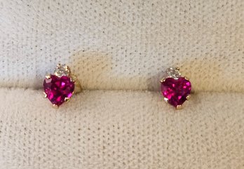 Small Cute 10k Ruby And Diamond Heart Earrings