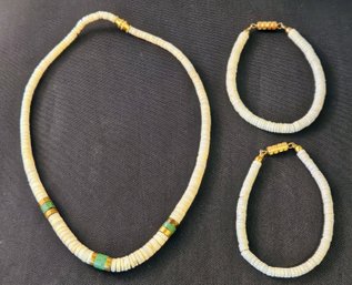 Puka Shell And Turquois Necklace With 2 Puka Bracelets With Brass Clasps