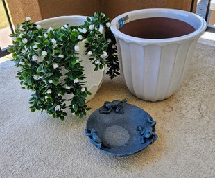2 White Ceramic Pots, Resin Frog, Faux Plant
