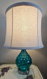 Peacock Blue Glass Bubble Lamp With Gray Linen Shade