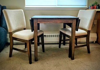 Woodley's Drop-leaf Dining Table W Carmel Finish & 2 Woodley's Upholstered Cream Colored Side Chairs