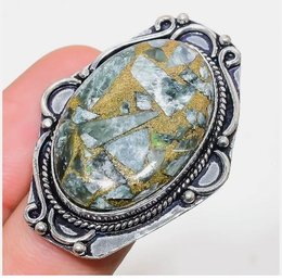 Natural Copper Seraphinite Hand Crafted Cabachon Ring  Sterling Silver 925  Size 6.5  HEALING STONE