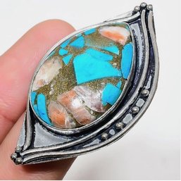 Natural Turquoise & Spiny Oyster Hand Crafted Cabachon Ring  Sterling Silver 925 Setting  Size 9.5  NEW