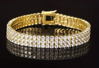 Beautiful 18k Gold-Plated CZ Wide Triple Tier Tennis Bracelet SUPERB! BRAND NEW Wow!