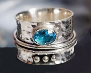 Hand-Crafted Sterling Silver Spinner Ring W/ Lab-Cultured Blue Topaz Size 7.5
