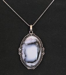 Large Natural Dendrite Opal Stone Pendant Necklace On German Silver Chain NEW