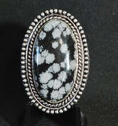Natural Snow Flake Obsidian Cabachon Ring  German Silver Setting  Size 8  NEW