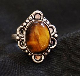 Natural Tiger Eye Stone Hand-Crafted Cabachon Ring Sterling Silver Plated Setting Size 8.5  Spiritual /Healing