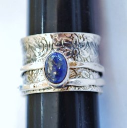 WOW! Hand-Crafted Sterling Silver-Plated W/ Natural Lapis Lazuli  Wide Band Spinner Ring Sz 8 (US) SUPER NICE!