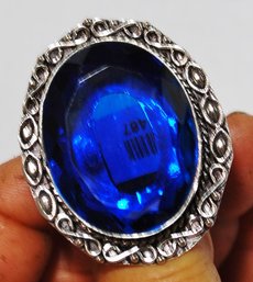 Beautiful LARGE Lab-Created Blue Sapphire Hand-Crafted Cabachon Ring German Silver Setting Size 8 (US Sizing)