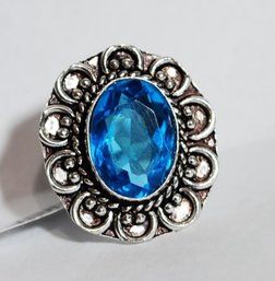 Beautiful Natural Blue Topaz Cabachon Ring German Silver Setting US Size 8