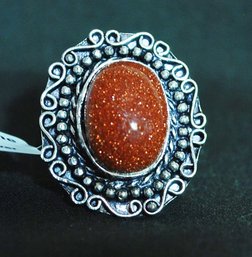 Beautiful Natural RED SUN STONE Cabachon Ring German Silver Setting Size 6