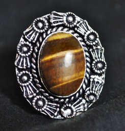 Natural Tiger Eye Stone Hand-Crafted Cabachon Ring German Silver Setting Size 9  Spiritual /Healing