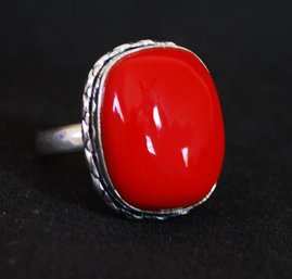 Natural Red Coral Cabachon Ring Sterling Silver Plated Setting  Size 10   NEW Healing Stone
