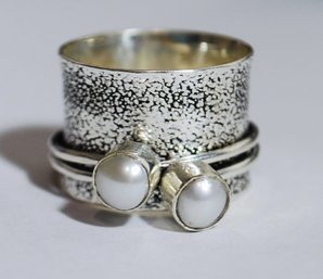 AMAZING! Hand-Crafted Sterling Silver-Plated W/ Natural Pearls Wide Band Spinner Ring Size 7 (US) SUPER NICE!!
