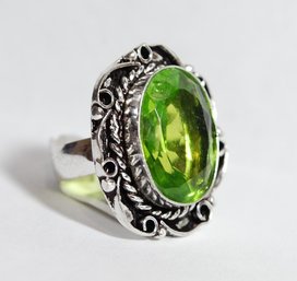 Beautiful  Faceted Peridot Cabachon Ring German Silver  Setting Size 7