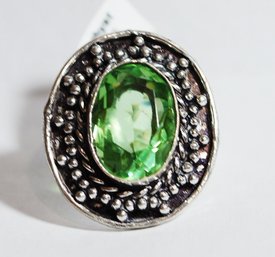 Natural Prasiolite  Green Amethyst Handcrafted Cabachon Ring  German Silver Setting  Size 6  (US Sizing)  NEW