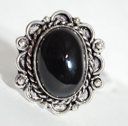 Beautiful Natural Black Onyx Cabachon Ring German Silver Setting Size 8 (US Sizing)
