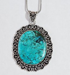 Natural Turquoise Cabachon Pendant German Silver Setting   NEW