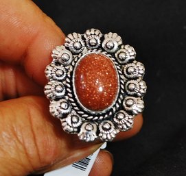 Beautiful Natural RED SUN STONE Cabachon Ring German Silver Setting Size 8