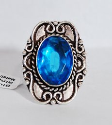 Beautiful Natural Blue Topaz Cabachon Ring German Silver Setting US Size 8