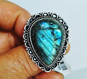 Natural Labradorite Cabachon Ring German Silver Setting Size 8 NEW Healing Stone