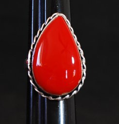 Natural Red Coral Cabachon Ring Sterling Silver Plated Setting  Size  6  NEW Healing Stone