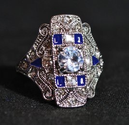 Beautiful Dazzling CZ  In Sterling Silver-plated Basket Setting Ring  Size 8  (US Sizing)