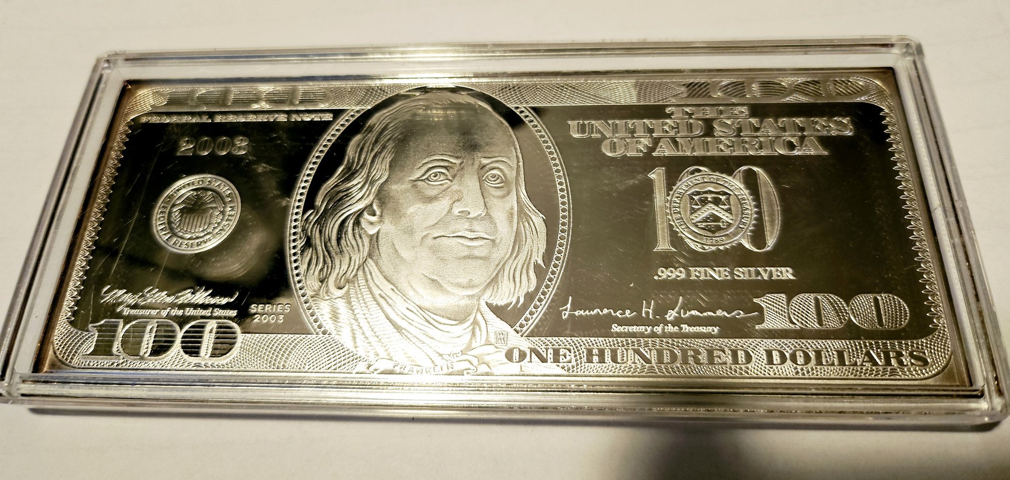 2003 Washington Mint 4 Oz $100 Silver Bar .999 Fine Silver In