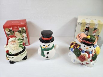 Cookie Jars-  Lenox Santa, Tele- Flora Snowman And Cardinal Snowman, Small Chip On Nose