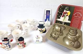 Snowman Lot - Cake Pan, Williams And Sonoma 6-piece Mug Set, Two Ganz, One Enesco