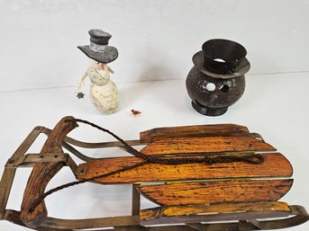 Small Wood And Metal Sled And Two Snowmen, One Needs Reglued