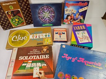 Games-  Vintage Monopoly With No Board,Rummi Kub, Age Of Aquarius, 1963 Clue, Solitaire