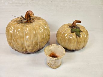 2 Ceramic Pumpkins With Small Pot