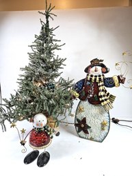 Two Metal Snowmen And Lighted Tree - Top Set Needs Replaced