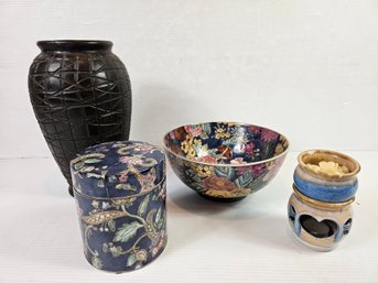 Pretty- Oklahoma Importing Heavy Floral Bowls, Vase, Lidded Pot Is Chipped And Cracked