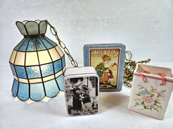 Hanging Lamp With Chain, Tiffany Style, Some Corrosion On Chain, FTDA Pot With Two Tins