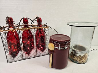 Pretty Decor- 3 Lighted Jars In Wire Basket, Canister, Heavy Glass Candle Holder