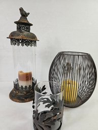 Three Pretty Metal Candle Holders, Smallest Has Crack In Glass